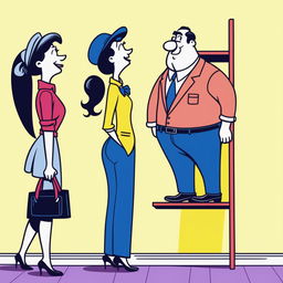 A lifelike cartoon depicting a petite woman in vibrant clothing standing on a stepladder to reach a cupboard, with a much taller man in casual wear standing next to her