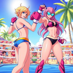 A dynamic and colorful scene depicting Android 18 and Android 21 engaged in a friendly bikini boxing match