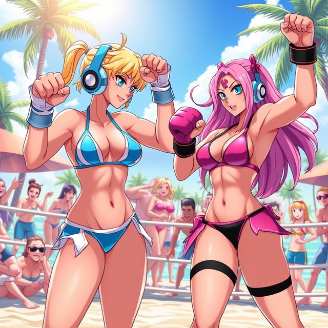 A dynamic and colorful scene depicting Android 18 and Android 21 engaged in a friendly bikini boxing match