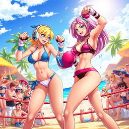 A dynamic and colorful scene depicting Android 18 and Android 21 engaged in a friendly bikini boxing match