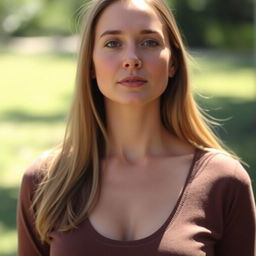 A 35-year-old woman with light skin and long hair, styled in a natural way with minimal makeup