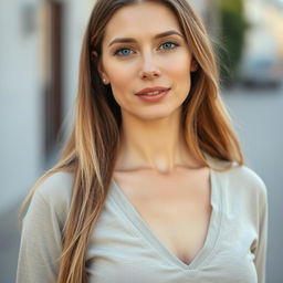 A 35-year-old woman with light skin and long hair, styled in a natural way with minimal makeup