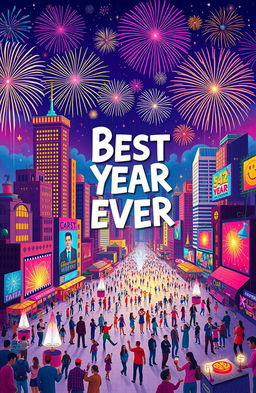 A vibrant and colorful representation of the concept of the 'best year ever', featuring a dynamic cityscape celebrating various achievements and milestones throughout the year