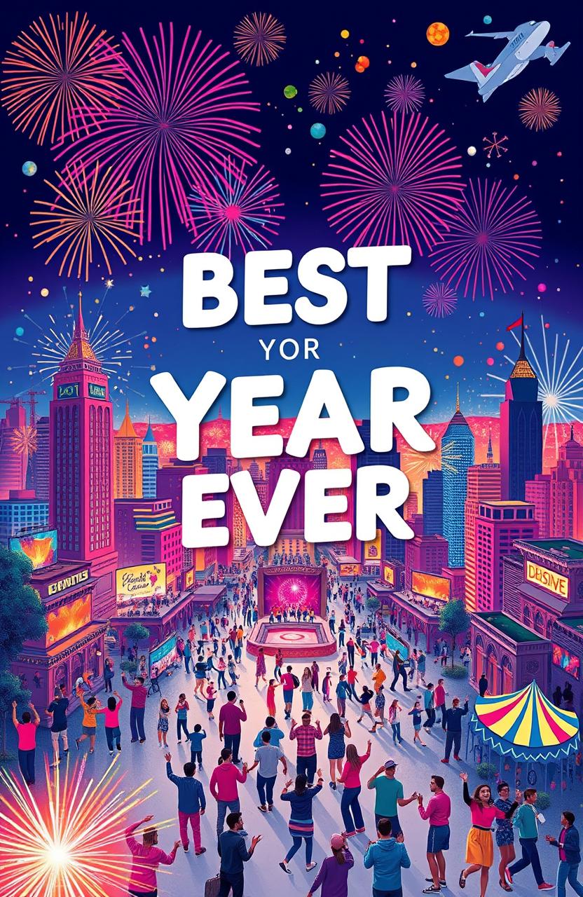 A vibrant and colorful representation of the concept of the 'best year ever', featuring a dynamic cityscape celebrating various achievements and milestones throughout the year