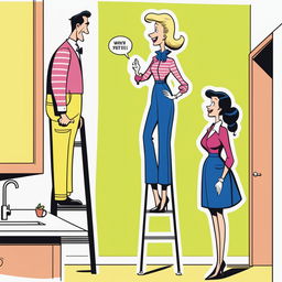 A lifelike cartoon depicting a petite woman in vibrant clothing standing on a stepladder to reach a cupboard, with a much taller man in casual wear standing next to her