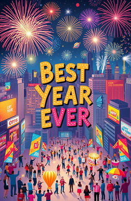 A vibrant and colorful representation of the concept of the 'best year ever', featuring a dynamic cityscape celebrating various achievements and milestones throughout the year