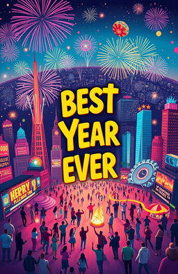 A vibrant and colorful representation of the concept of the 'best year ever', featuring a dynamic cityscape celebrating various achievements and milestones throughout the year