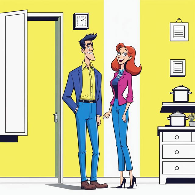 A lifelike cartoon depicting a petite woman in vibrant clothing standing on a stepladder to reach a cupboard, with a much taller man in casual wear standing next to her