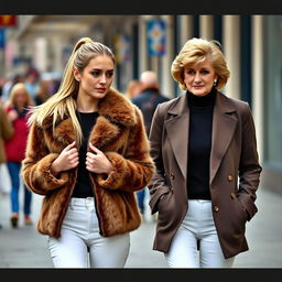 A pretty young woman with long blonde hair styled in a ponytail, confidently walking down the street in a fashionable brown fur jacket, with a hint of elegance