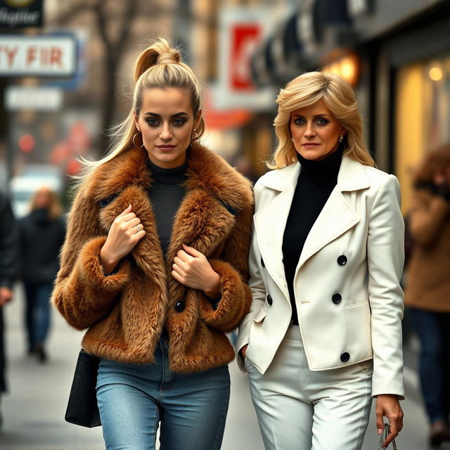 A pretty young woman with long blonde hair styled in a ponytail, confidently walking down the street in a fashionable brown fur jacket, with a hint of elegance