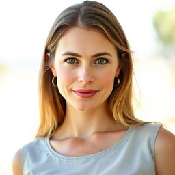 A 35-year-old woman with light skin and long hair, wearing a natural style with minimal makeup