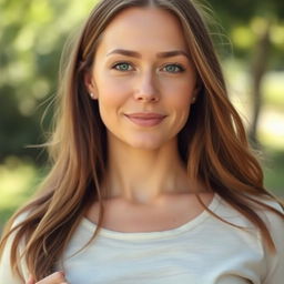 A 35-year-old woman with light skin and long hair, wearing a natural style with minimal makeup