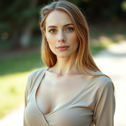 A 35-year-old woman with light skin and long hair, wearing a natural style with minimal makeup