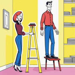 A lifelike cartoon depicting a petite woman in vibrant clothing standing on a stepladder to reach a cupboard, with a much taller man in casual wear standing next to her