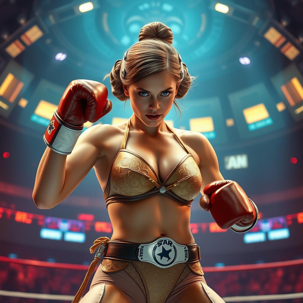 A powerful and iconic scene featuring Princess Leia in a gold and brown bikini inspired by the Star Wars universe