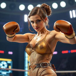 A powerful and iconic scene featuring Princess Leia in a gold and brown bikini inspired by the Star Wars universe