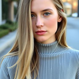 A 35-year-old woman with fair skin and long hair, captured in a natural style with minimal makeup