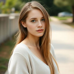 A 35-year-old woman with fair skin and long hair, captured in a natural style with minimal makeup