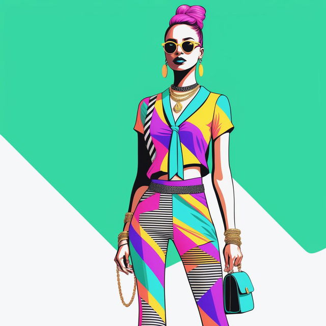 A high-resolution digital rendering of a petite woman dressed in a tie-up crop top and bright leggings, adorned with a necklace