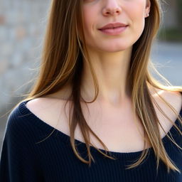 A 35-year-old woman with fair skin and long hair, captured in a natural style with minimal makeup