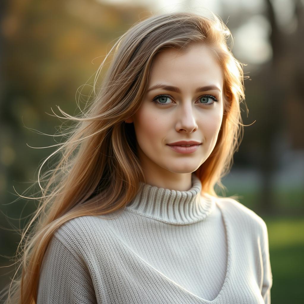 A 35-year-old woman with fair skin and long hair, captured in a natural style with minimal makeup