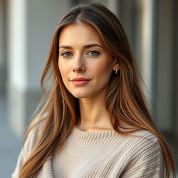 A 35-year-old woman with fair skin and long hair, depicted in a natural style with minimal makeup