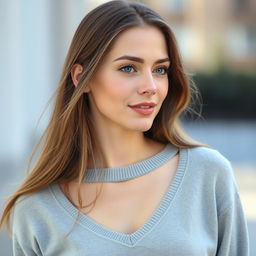 A 35-year-old woman with fair skin and long hair, depicted in a natural style with minimal makeup