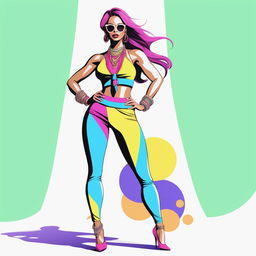 A high-resolution digital rendering of a petite woman dressed in a tie-up crop top and bright leggings, adorned with a necklace