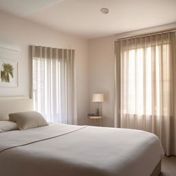 An Airbnb room with a calm and inviting color scheme, featuring a bed, side table, good lighting, a wall photo, and calm-colored curtains, complete with all necessary furnishings