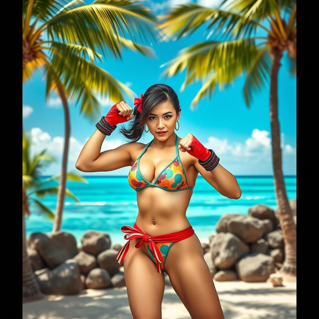 A strong and athletic woman resembling Chun Li from Street Fighter, wearing a stylish and colorful bikini suitable for Hawaii