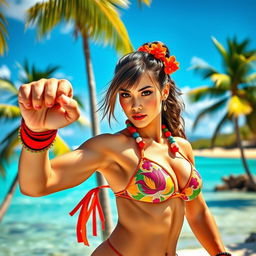 A strong and athletic woman resembling Chun Li from Street Fighter, wearing a stylish and colorful bikini suitable for Hawaii