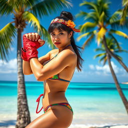 A strong and athletic woman resembling Chun Li from Street Fighter, wearing a stylish and colorful bikini suitable for Hawaii