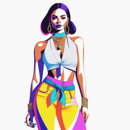 A high-resolution digital rendering of a petite woman dressed in a tie-up crop top and bright leggings, adorned with a necklace