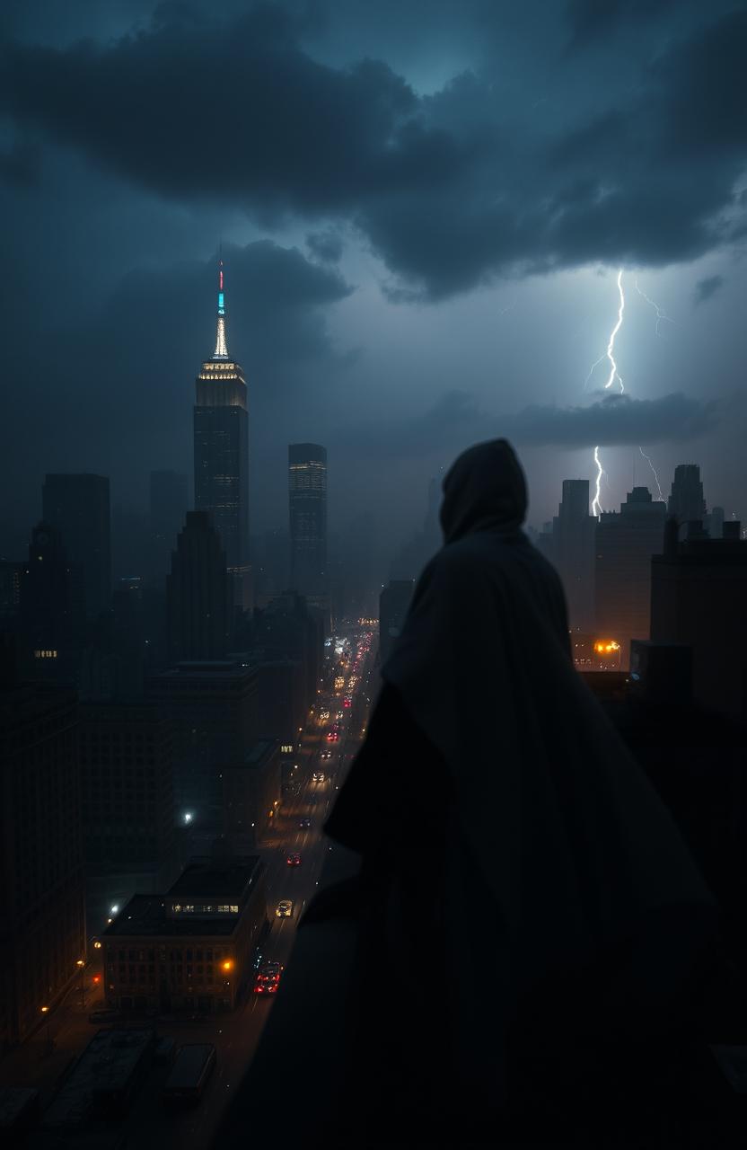 A dramatic scene depicting a dark, desolate Manhattan skyline enveloped in shadows