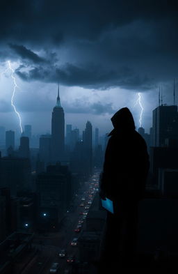 A dramatic scene depicting a dark, desolate Manhattan skyline enveloped in shadows