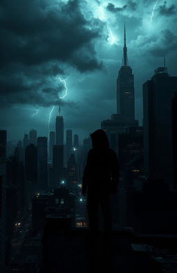 A dramatic scene depicting a dark, desolate Manhattan skyline enveloped in shadows