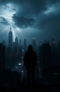 A dramatic scene depicting a dark, desolate Manhattan skyline enveloped in shadows