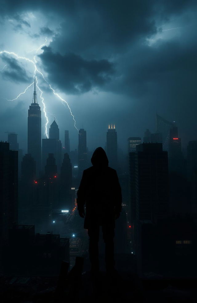 A dramatic scene depicting a dark, desolate Manhattan skyline enveloped in shadows