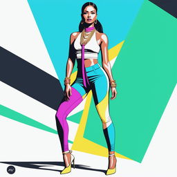 A high-resolution digital rendering of a petite woman dressed in a tie-up crop top and bright leggings, adorned with a necklace