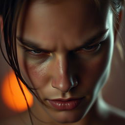 A close-up portrait of a person with strikingly agry eyes, captured in a soft focus