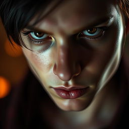 A close-up portrait of a person with strikingly agry eyes, captured in a soft focus