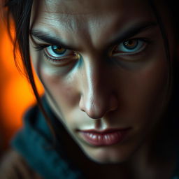 A close-up portrait of a person with strikingly agry eyes, captured in a soft focus