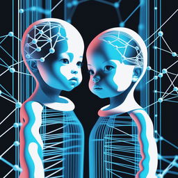 A dark-themed digital illustration of genetically edited twin baby girls, surrounded by a neon blue network of lines representing manipulated genetic code