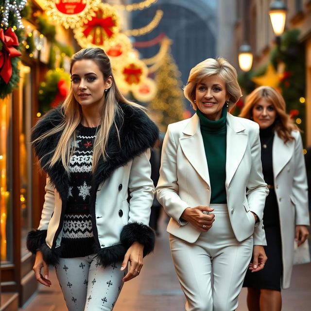 A beautiful woman walking down a festive street, showcasing her long blonde hair styled in a ponytail