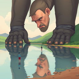 An introspective and surreal illustration of a giant gazing at a small reflection of itself in a tranquil body of water