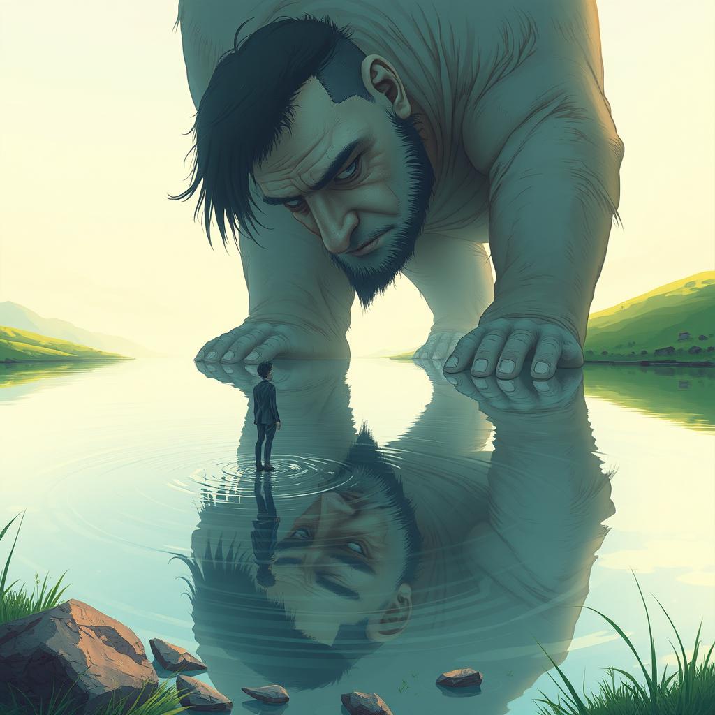 An introspective and surreal illustration of a giant gazing at a small reflection of itself in a tranquil body of water