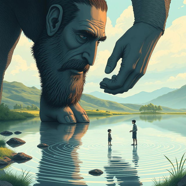 An introspective and surreal illustration of a giant gazing at a small reflection of itself in a tranquil body of water