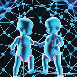 A dark-themed digital illustration of genetically edited twin baby girls, surrounded by a neon blue network of lines representing manipulated genetic code