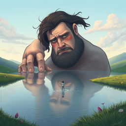 An introspective and surreal illustration of a giant gazing at a small reflection of itself in a tranquil body of water