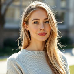 A 35-year-old woman with fair skin and long hair, styled naturally with minimal makeup